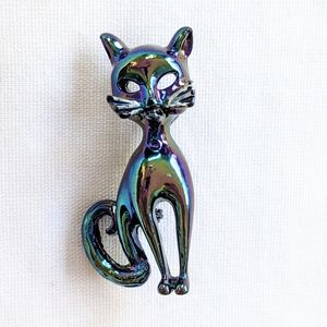 1 1/2" Iridescent mid century style cat Brooch, metal.
